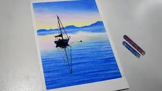 Oil Pastel Drawing || How to Draw a Scenery of a Boat in the River with Oil Pastels