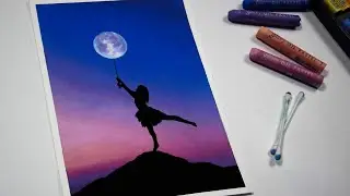 Oil Pastel Drawing for Beginners || a Girl Playing with Moon