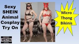 Sexy Shein Try On Haul Micro Bikini Crotchless Thong Animal Cosplay Lingerie Masked Model