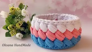 Корзина пышными столбиками из трикотажной пряжи. Мастер класс