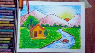 How to Draw  Easy Scenery With Oil Pastels , How to Draw a Scenery Drawing With Oil Pastels 🌄