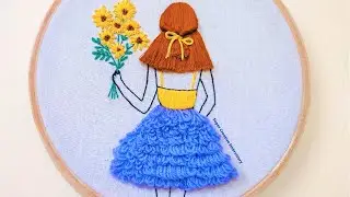 Amazing Unique 3D doll Embroidery Hoop Art / Cute little Sunshine , Girl with Sunflower Embroidery