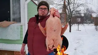BAKED GOSE WITH POTATO ON COALS. ENG SUB.