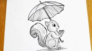 How to draw a squirrel with umbrella || Easy squirrel drawing || Cute animal drawing