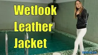 Wetlook girl in business style clothes is going to swim in the pool | Wetlook leather