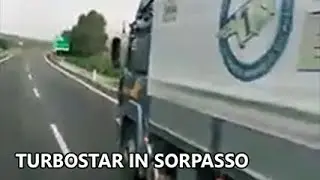 Old Iveco V8 trucks with loaded trailers overtake uphill at full throttle
