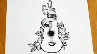 How to draw a guitar easy step by step || Guitar tattoo design